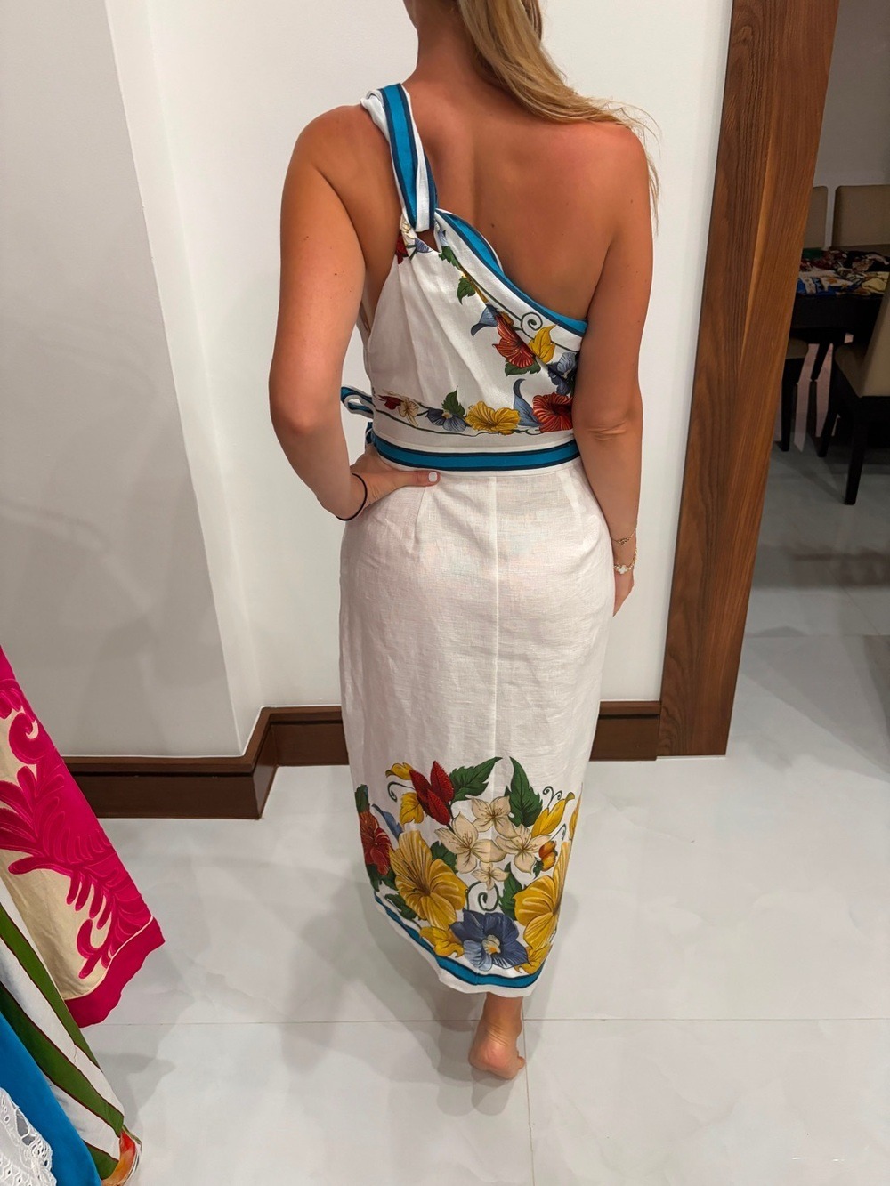 FARM Rio White One-Shoulder Floral Midi Dress with Blue Trim - Picture 4 of 9